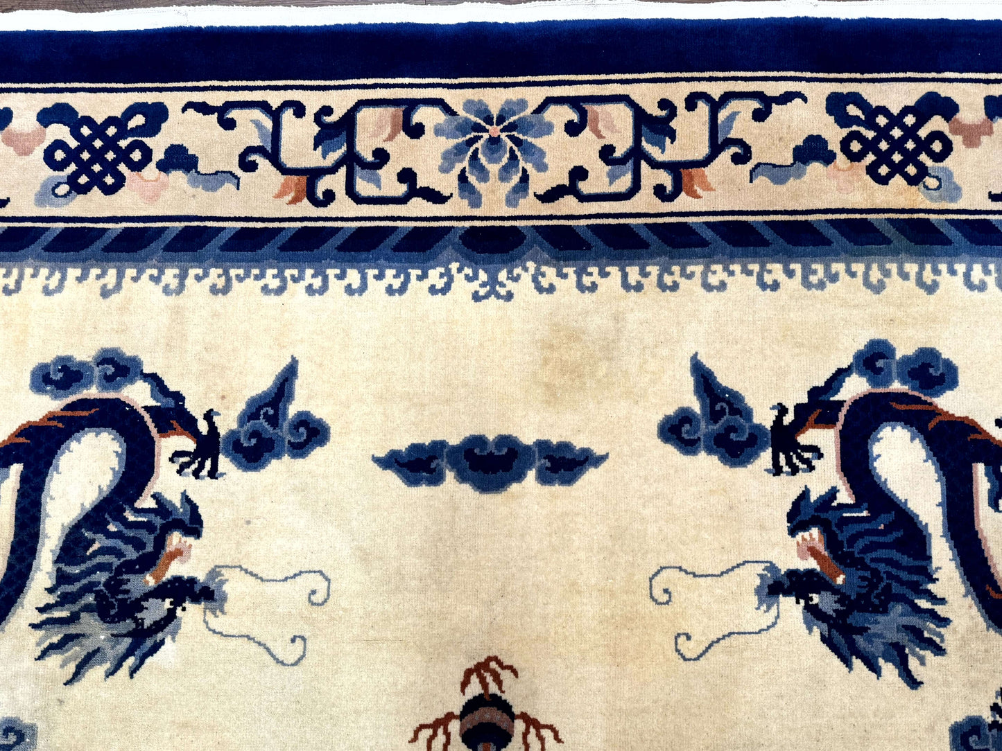 Chinese Dragon Peking Rug 8 x 11.6, Ivory and Blue, Chinese Wool Rug, Vintage - Nuvé