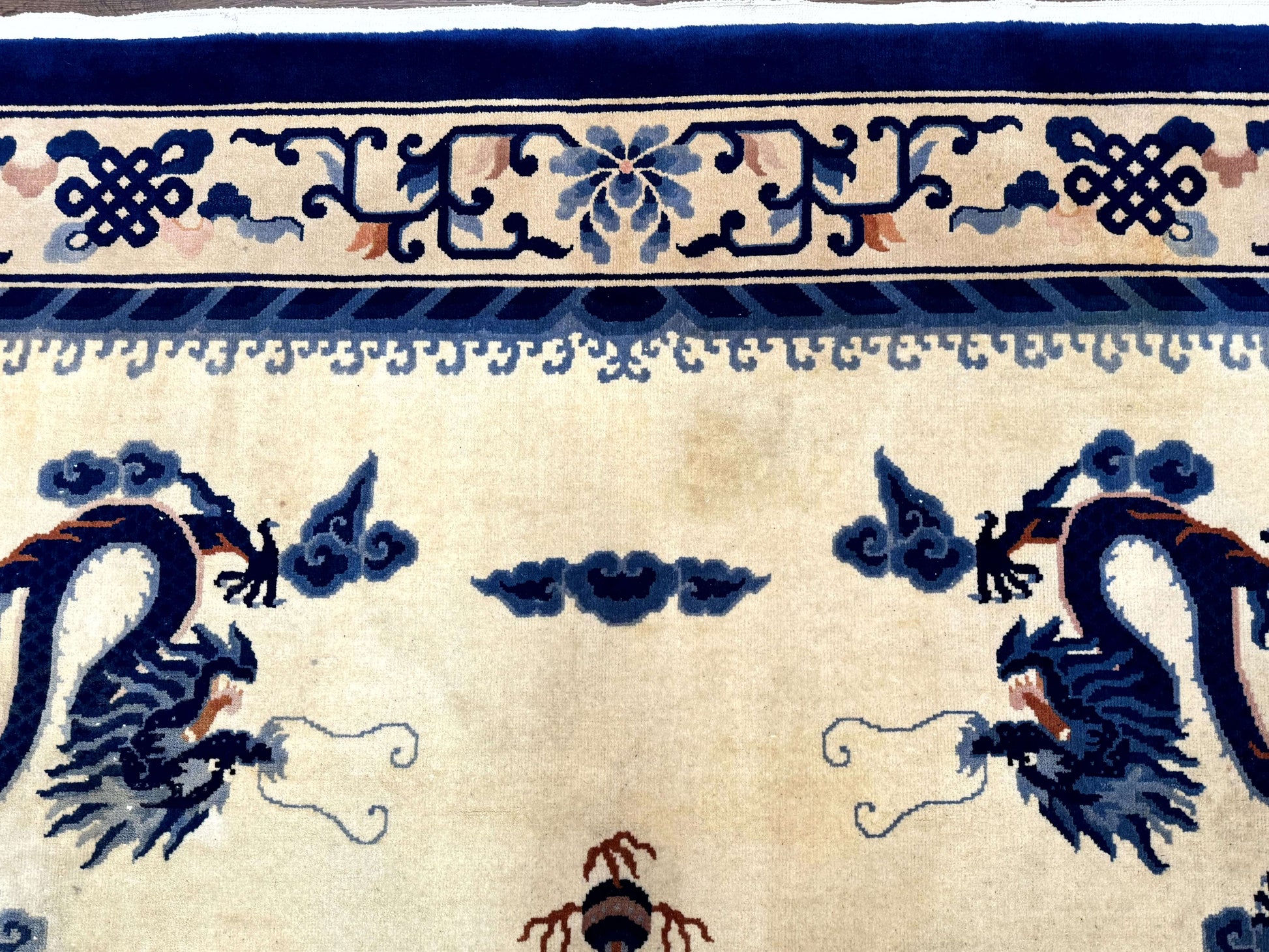 Chinese Dragon Peking Rug 8 x 11.6, Ivory and Blue, Chinese Wool Rug, Vintage - Nuvé