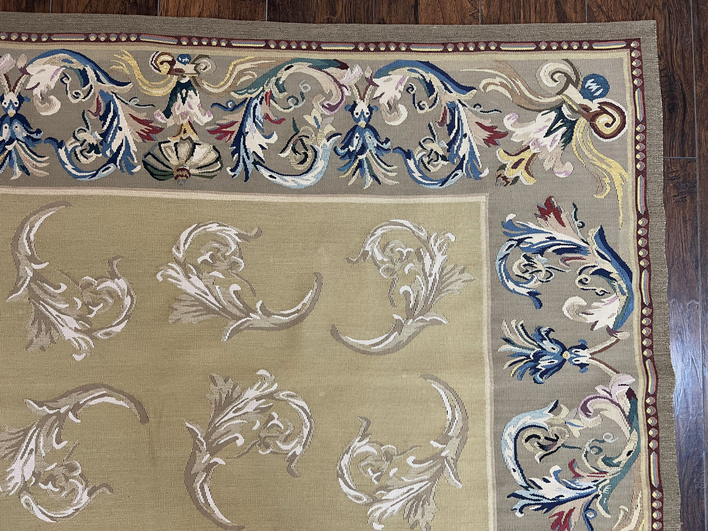 Vintage Aubusson Flatweave Area Rug 9x12, Aubusson Weave, Wool, Beige, Handmade, French European Design, 8'9" x 11'9" - Nuvé