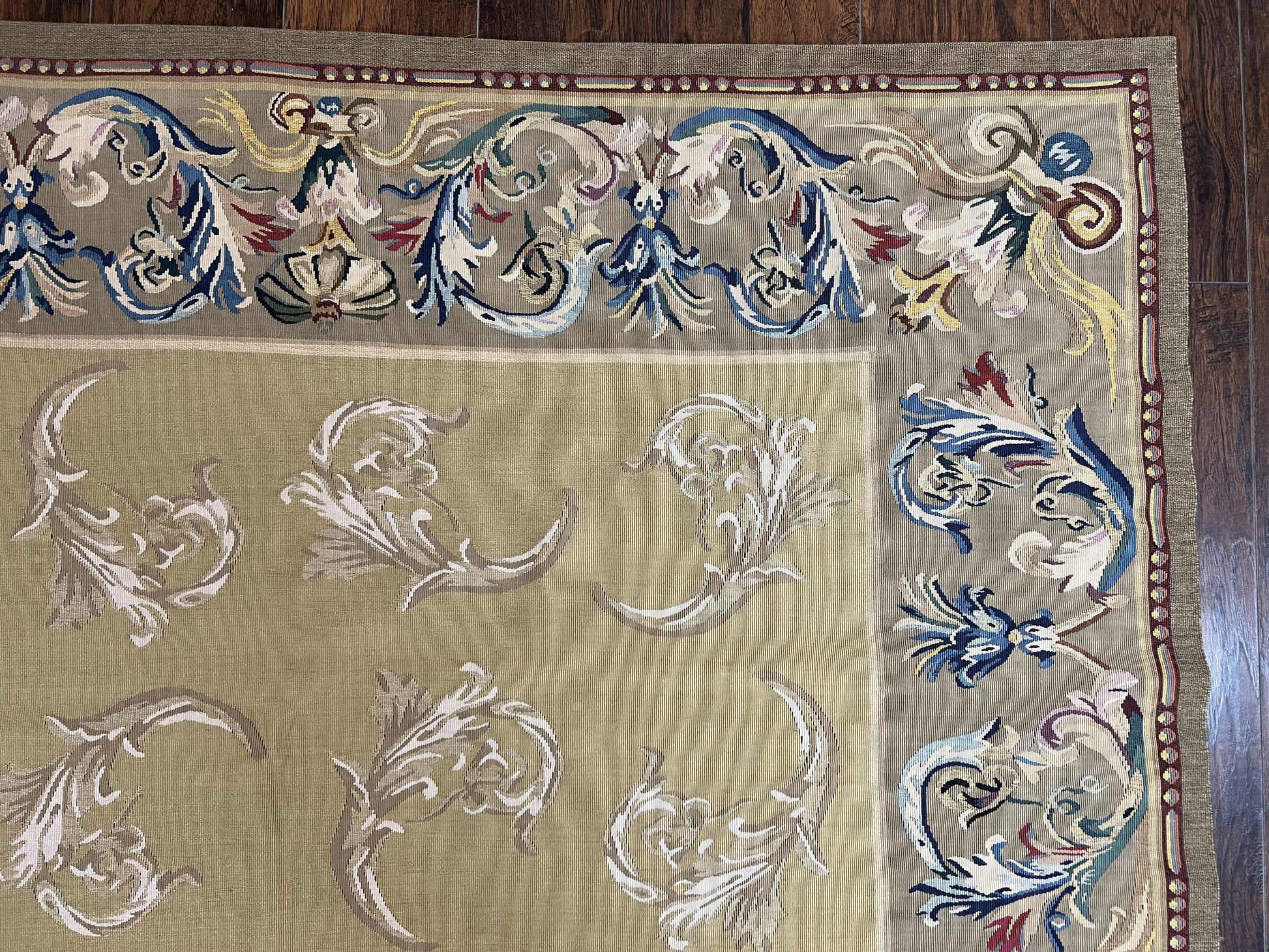 Vintage Aubusson Flatweave Area Rug 9x12, Aubusson Weave, Wool, Beige, Handmade, French European Design, 8'9" x 11'9" - Nuvé