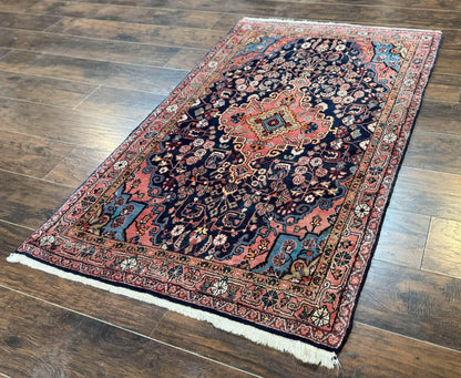 Persian Rug 3x5, Jozan Sarouk Rug, Navy Blue and Coral, Medallion Rug, Semi Antique - Nuvé
