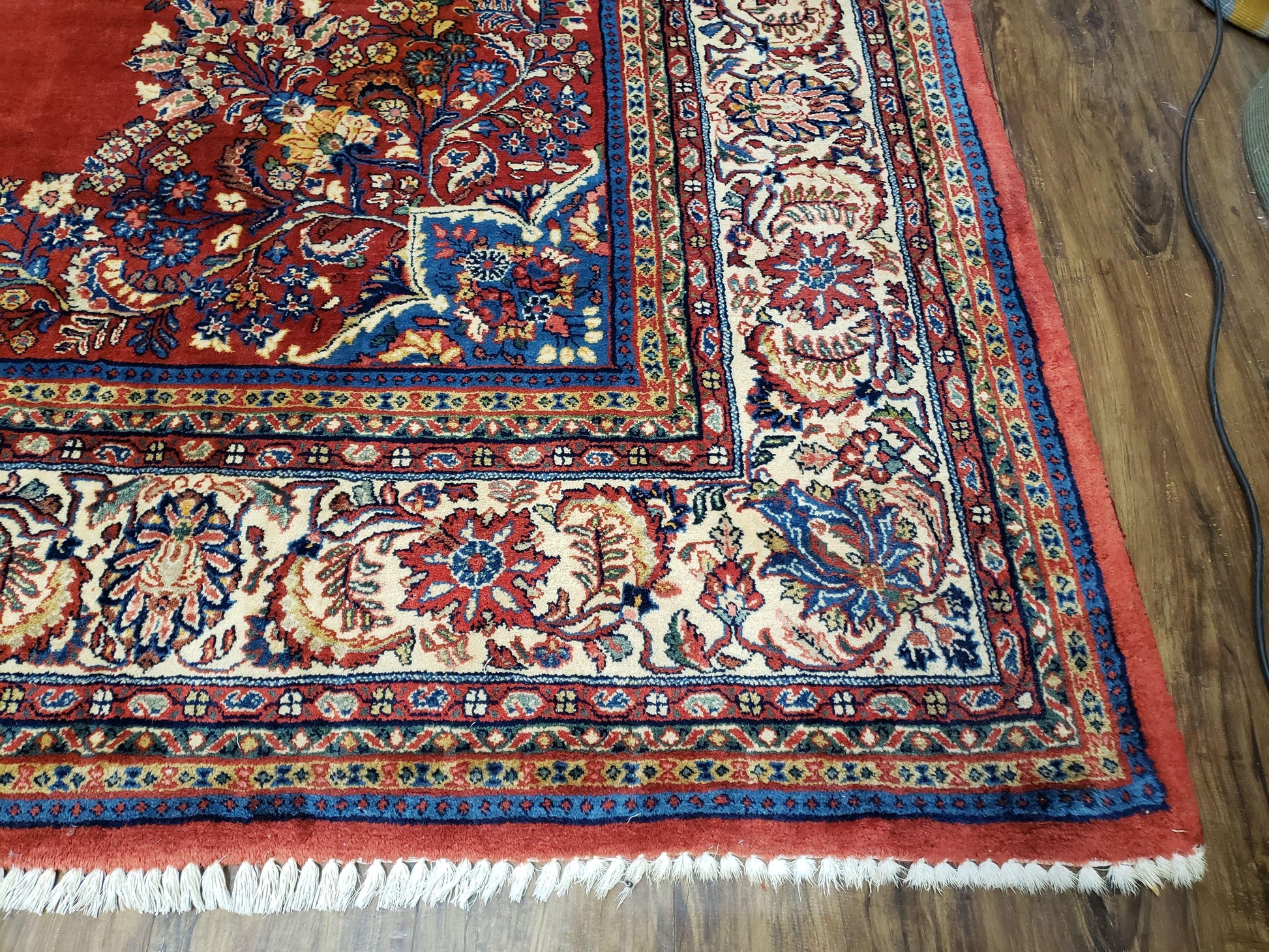 Semi Antique Persian Sarouk Rug 9x12,  Semi Open Field with Central Medallion, Hand Knotted Wool, Tomato Red, 9 x 12 Authentic Oriental Carpet - Nuvé