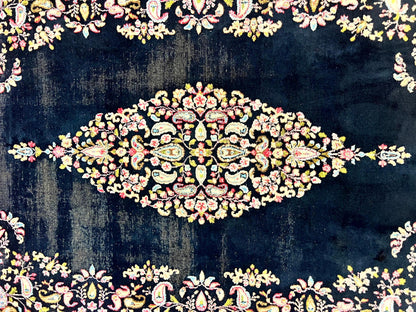 Antique Persian Kirman Rug 5x8, Floral Kirman, Midnight Blue/Black, Semi Open Field, Handmade Vintage Wool Carpet