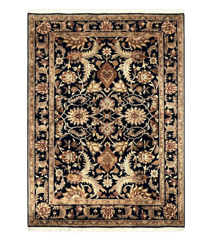 Indo Mahal Sultanabad Rug 8x11, Vintage Indian Oriental Carpet, Wool Handmade Floral Rug 8 x 11 ft, Black Beige Tan, Large Flowers Allover