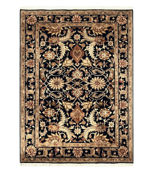 Indo Mahal Sultanabad Rug 8x11, Vintage Indian Oriental Carpet, Wool Handmade Floral Rug 8 x 11 ft, Black Beige Tan, Large Flowers Allover