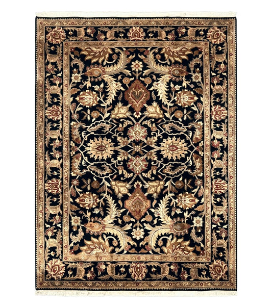 Indo Mahal Sultanabad Rug 8x11, Vintage Indian Oriental Carpet, Wool Handmade Floral Rug 8 x 11 ft, Black Beige Tan, Large Flowers Allover