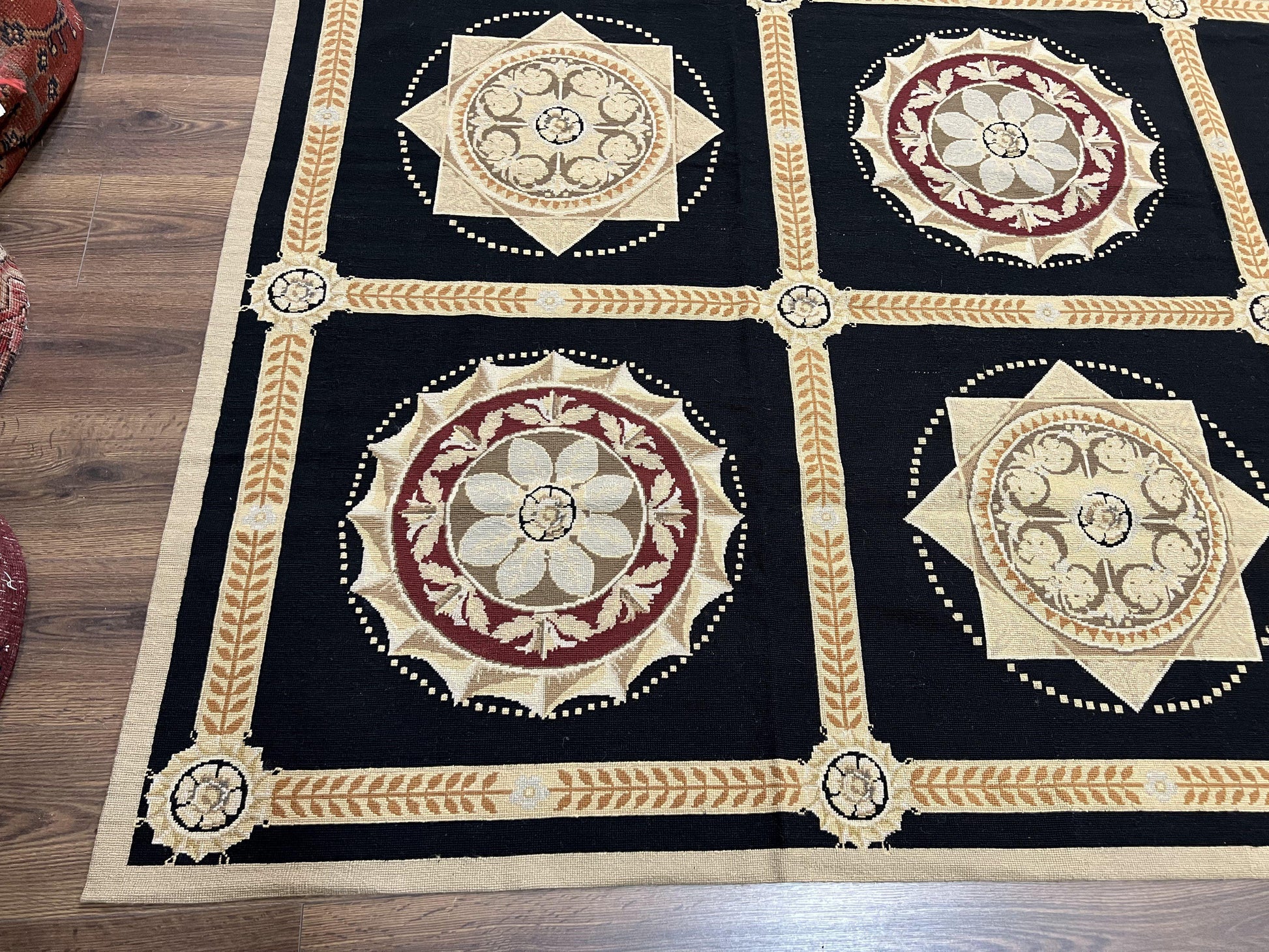 Large Needlepoint Rug 10x13, Panel Design, Black and Beige, Wool Needlepoint Carpet 10 x 13, English Garden, Handwoven Area Rug, Living Room - Nuvé
