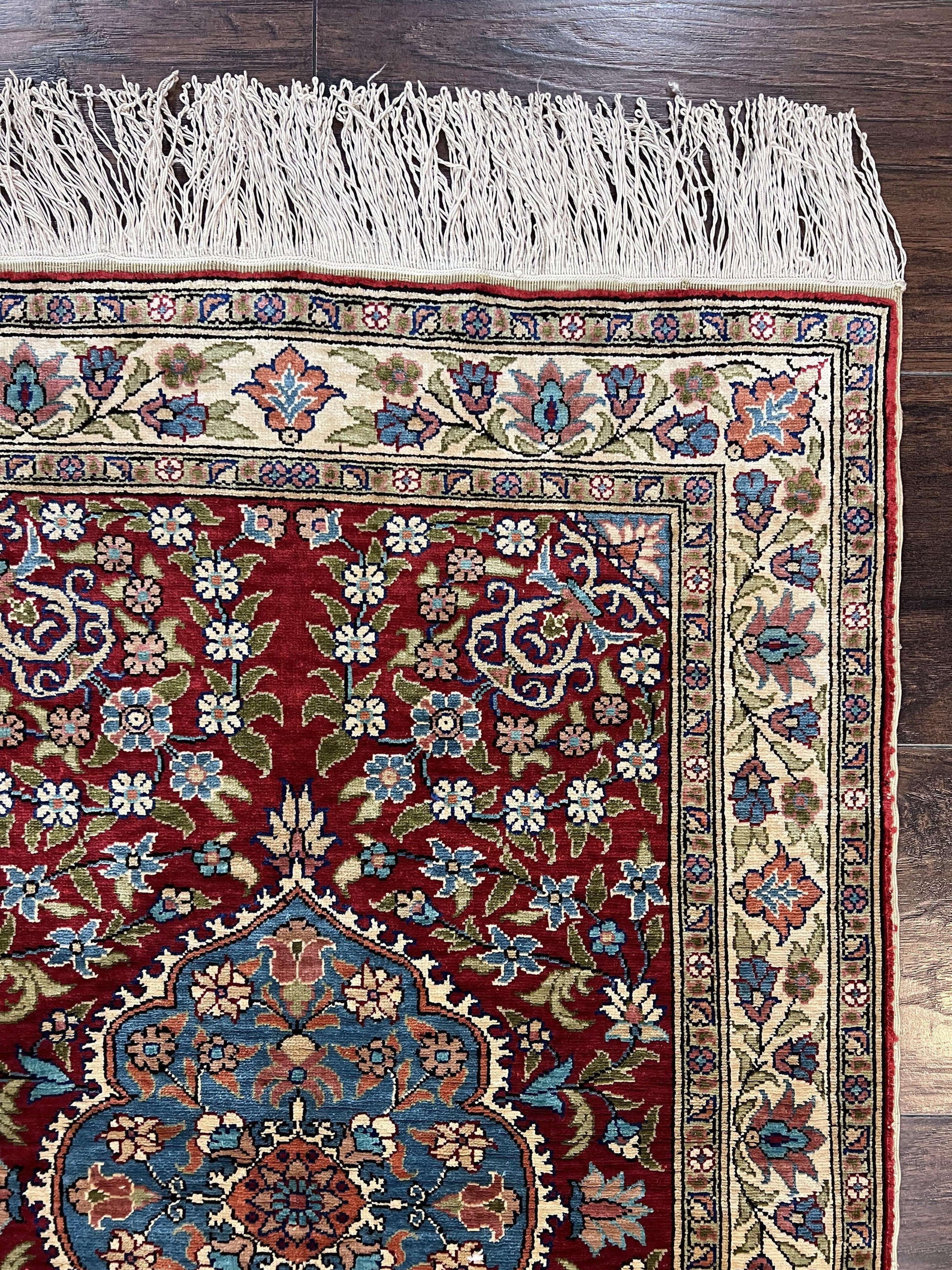 Silk Turkish Kayseri Rug 2x3, Small All Silk Turkish Carpet, Red and Light Blue, Very Fine Hand Knotted Semi Antique Vintage Handmade Rug - Nuvé