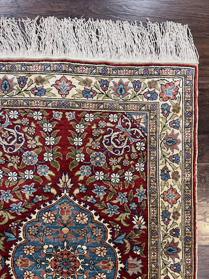Silk Turkish Kayseri Rug 2x3, Small All Silk Turkish Carpet, Red and Light Blue, Very Fine Hand Knotted Semi Antique Vintage Handmade Rug - Nuvé