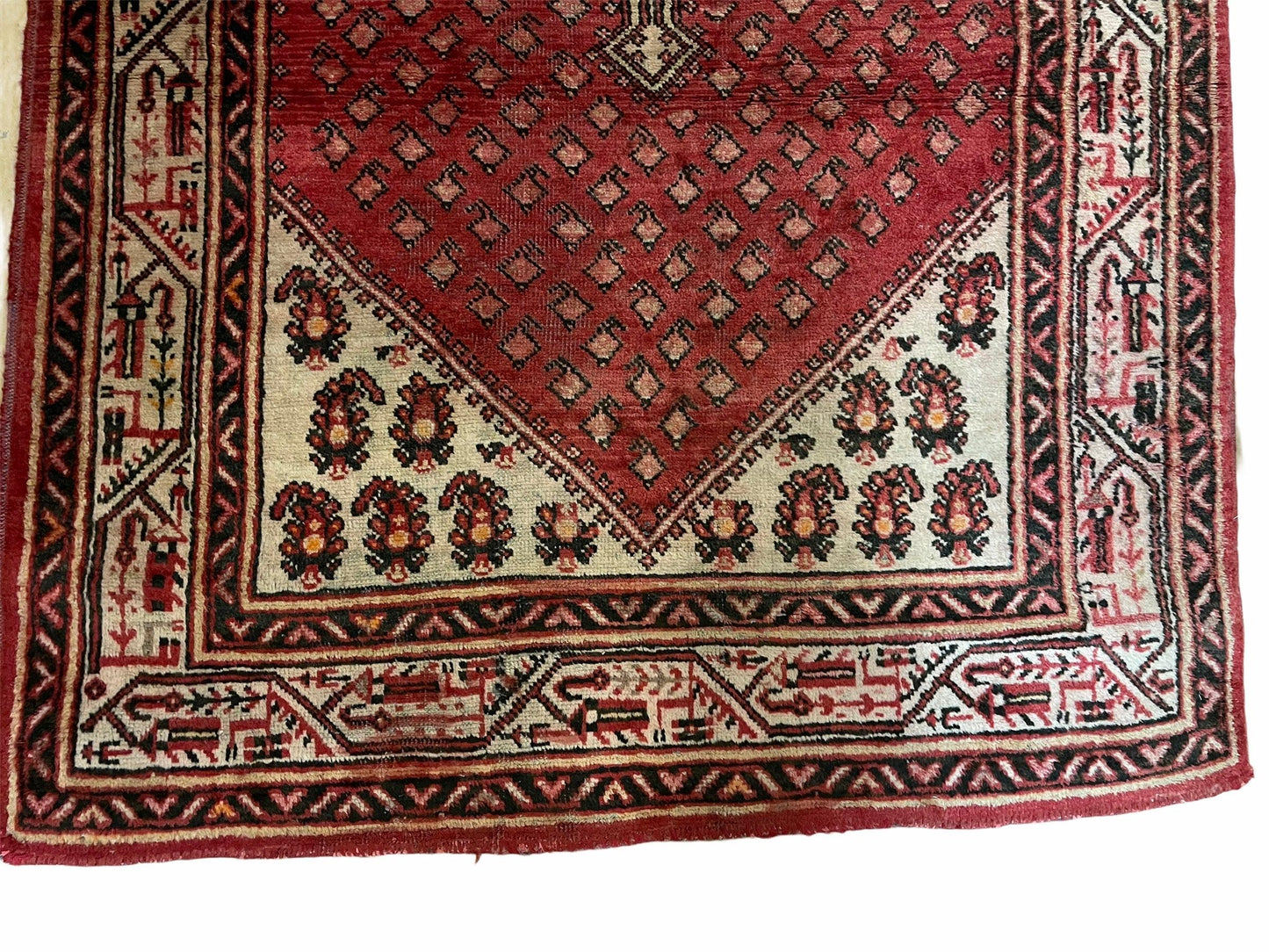 4 X 6.5 Antique Handmade Wool Rug Paisley Boteh Design Tribal Rug Red Ivory - Nuvé