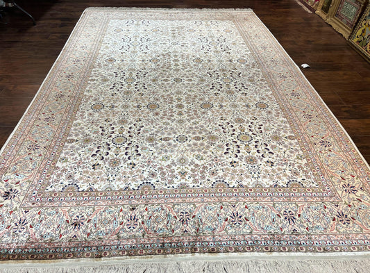 Wonderful Silk Hereke Rug 8x12, Silk Pile on Silk Foundation, Ivory/Cream, Floral Pattern, Handmade, Vintage - Nuvé