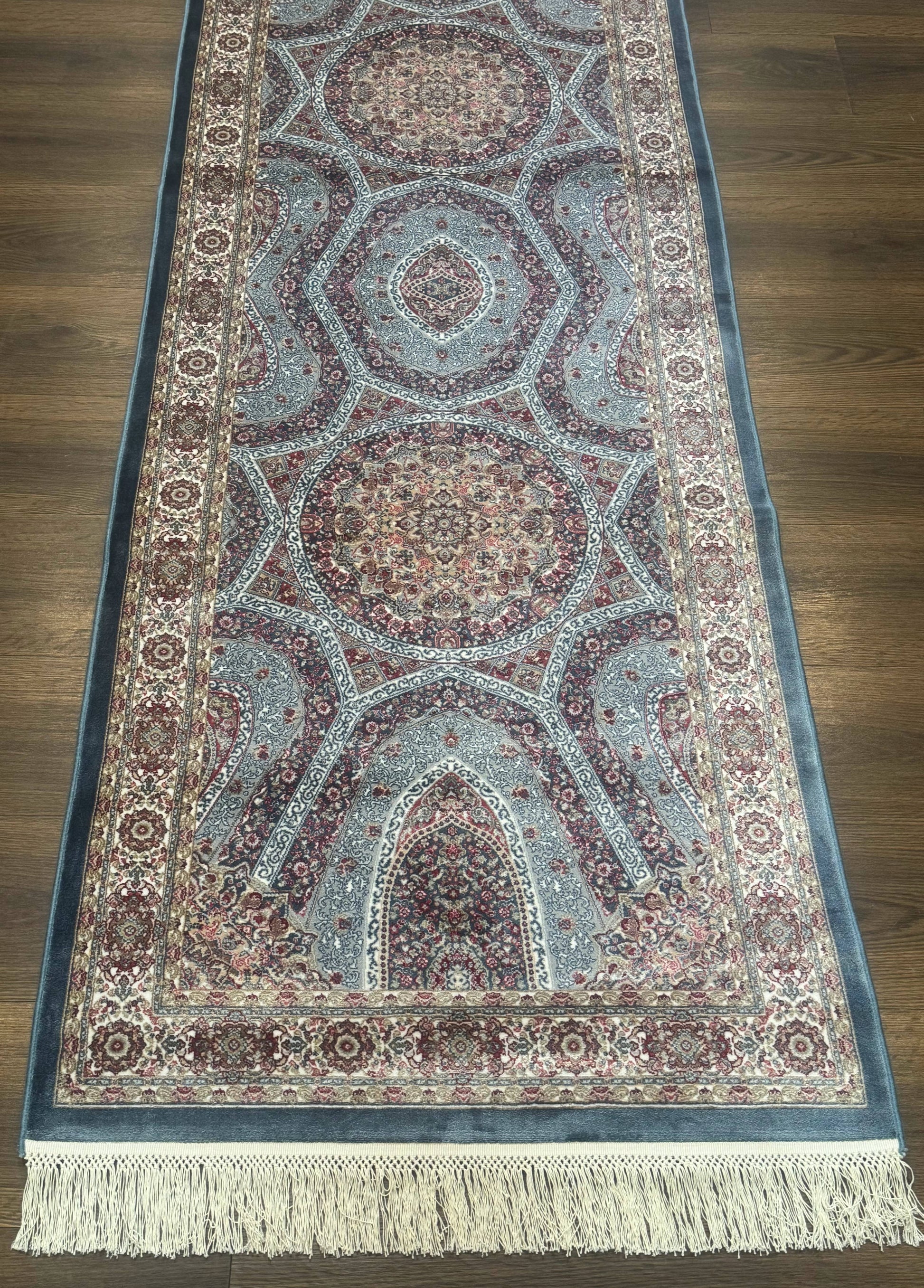 Turkish Silk Runner Rug 2.6 x 10, Light Blue Carpet, Bamboo Silk, New - Nuvé