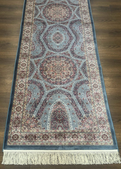 Turkish Silk Runner Rug 2.6 x 10, Light Blue Carpet, Bamboo Silk, New - Nuvé