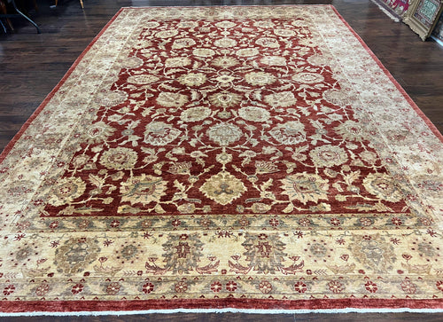 Pak Persian Rug 10x14, Sultanabad Mahal Peshawar Chobi Carpet, Large Vintage Wool Oriental Rug, Maroon & Beige, Floral Allover, Handmade - Nuvé