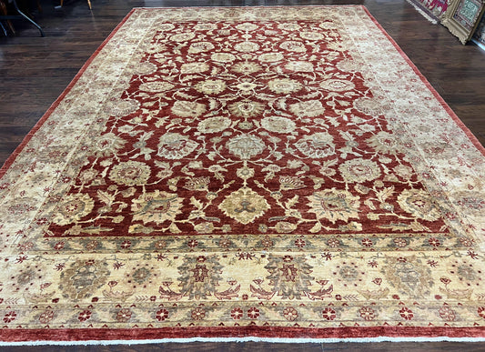 Pak Persian Rug 10x14, Sultanabad Mahal Peshawar Chobi Carpet, Large Vintage Wool Oriental Rug, Maroon & Beige, Floral Allover, Handmade - Nuvé