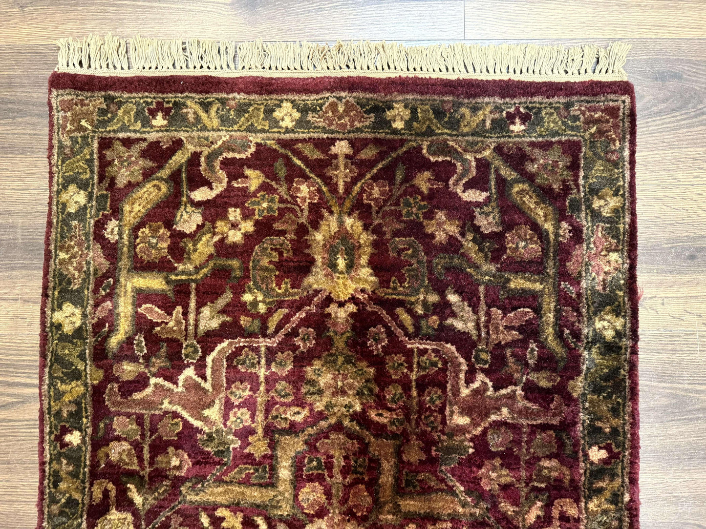 Indo Persian Runner Rug 2.7 x 13.8, Maroon, Wool, Handmade Indian Rug for Hallway - Nuvé