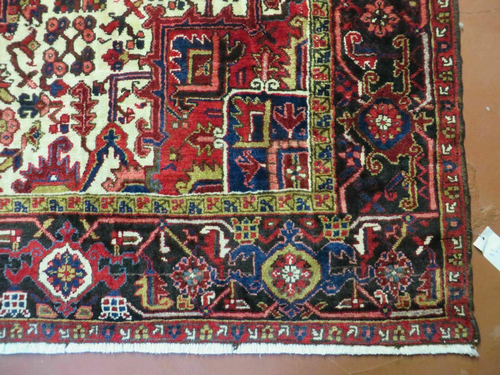 Wonderful Persian Heriz Rug 8.6 x 11, Geometric Heriz Carpet, Semi Antique Decorative Area Rug, Red Ivory Dark Blue Handmade Wool Room Sized - Nuvé
