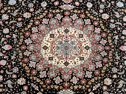 Marvelous Persian Tabriz Rug 7x10 ft, Super Fine 50 Raj, 300+ KPSI, Black and Rust Red, Floral Medallion Handmade Wool Oriental Carpet, Top Quality - Nuvé