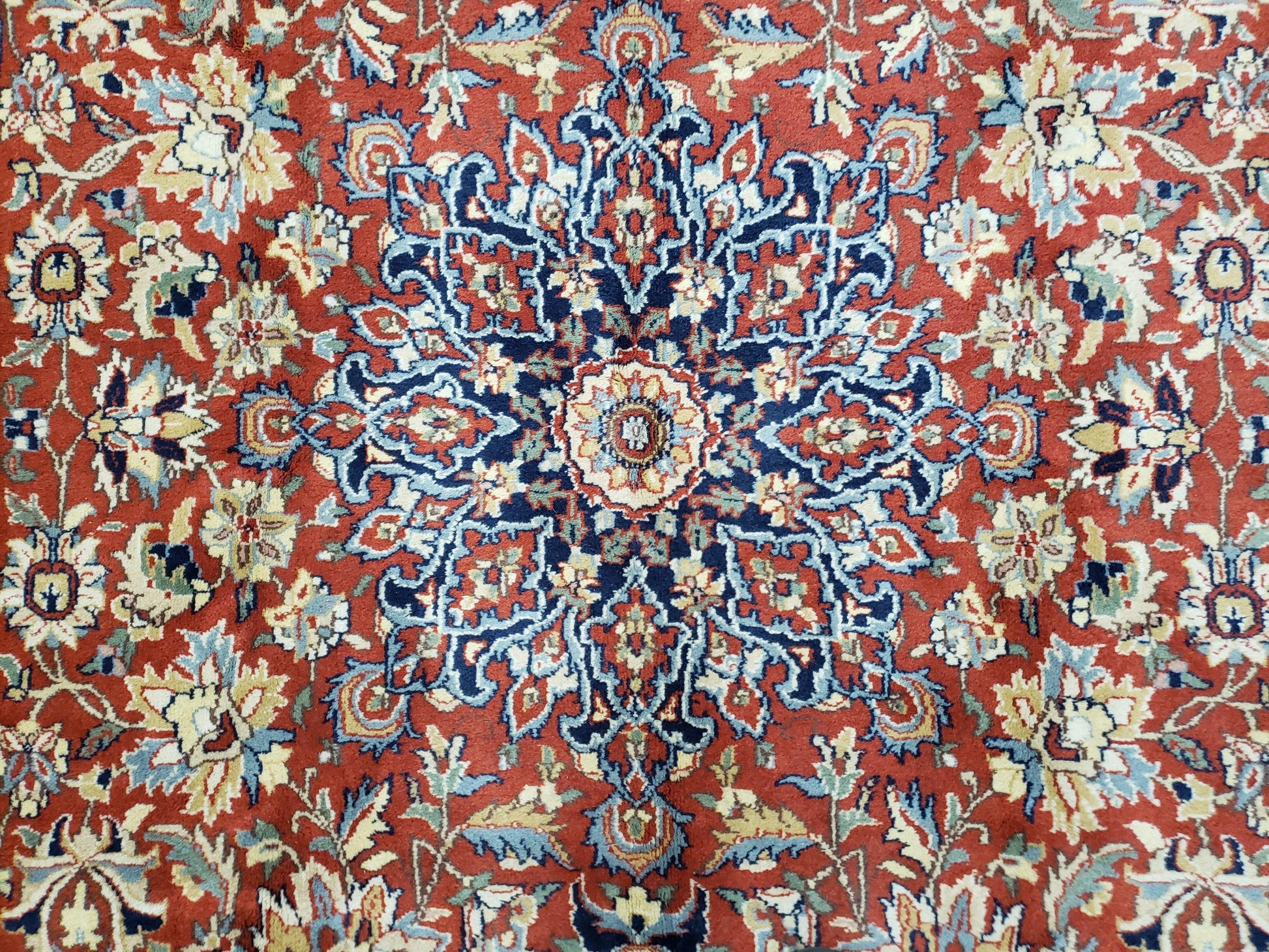 Vintage Indo Persian Oriental Rug 6 x 9.6, Wool Hand-Knotted Red Dark Blue & Gold Indian Carpet, 6 x 9 Office Room Rug, Floral Medallion - Nuvé