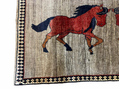 4 X 7 Handmade Hand-Knotted Quality Wool Rug Pictorial Horses Veggie Dyes Tribal - Nuvé