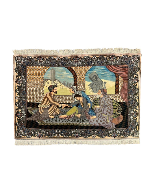 Persian Tabriz Pictorial Rug 4.8 x 3.8, Horizontal Oriental Carpet for Hanging on Wall, Hand Knotted Wool Vintage Fine Carpet, Doctor and Patients