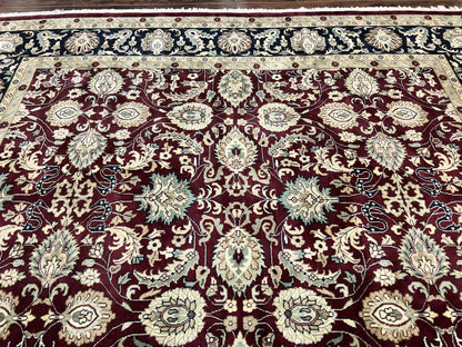 Indo Persian Rug 10x14, Floral Allover, Maroon, Handmade Hand Knotted VIntage Wool Rug, Large Oriental Carpet