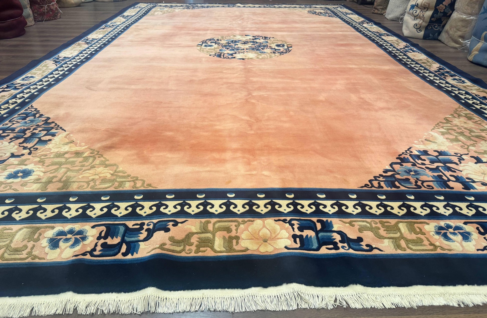 Chinese Wool Rug 11x18, Palace Sized Chinese Carpet, Peking Rug, Peach and Blue, Open Field, Simple Design, Art Deco Rug, Large Handmade Rug - Nuvé