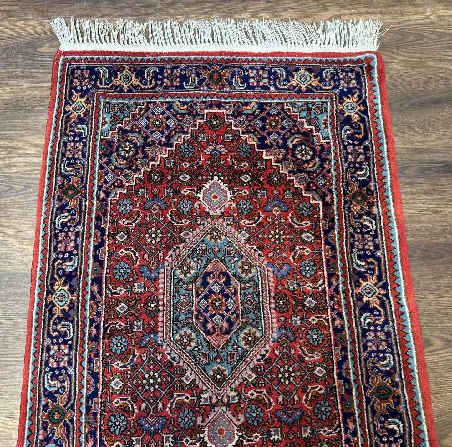 Indo Persian Bidjar Runner Rug 3 x 18.6, Red Navy Blue, Long Runner, Wool Oriental Carpet - Nuvé