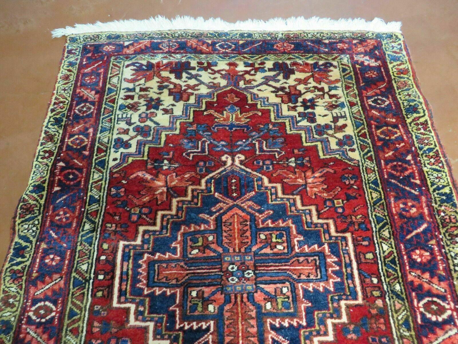 Persian Runner Rug, Heriz Runner Rug, Geometric Medallions, Red Cream Navy Blue Wool Hallway Rug 3.9 x 10.8 Antique Oriental Runner Handmade - Nuvé
