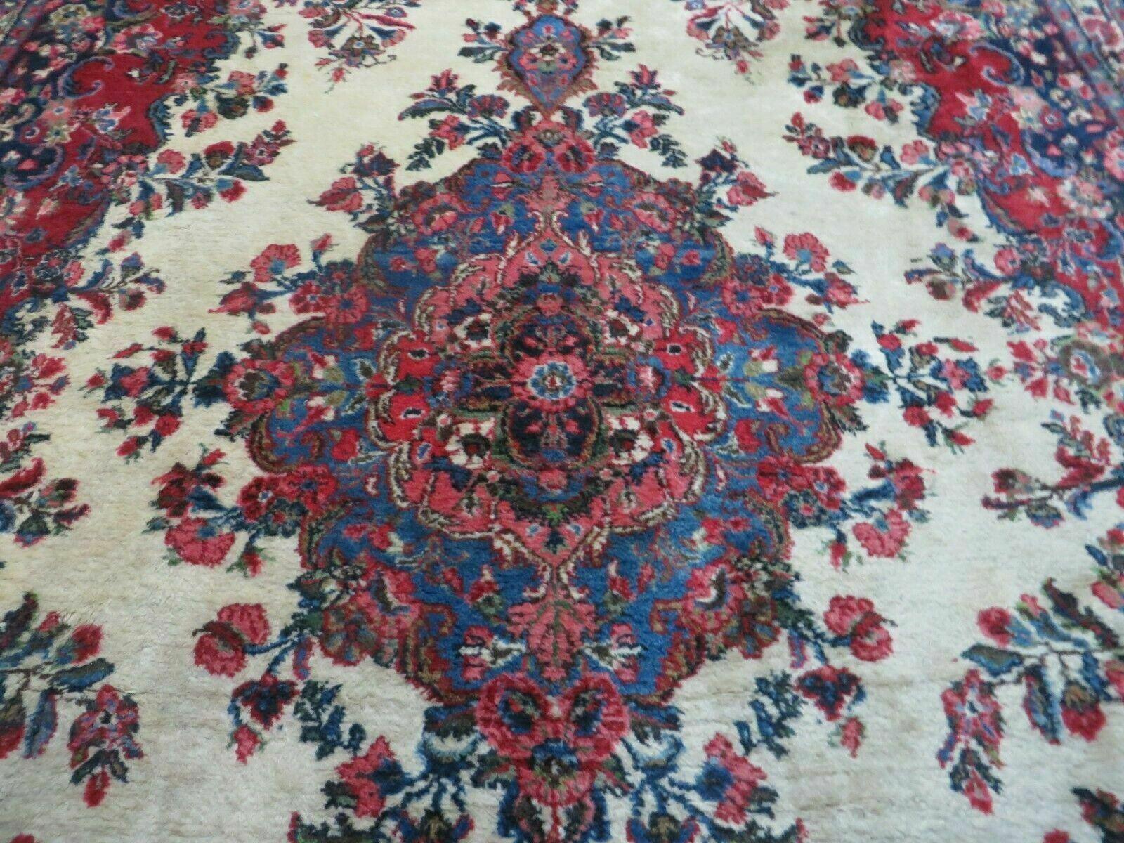 9x12 Persian Sarouk Rug - Semi Open Field Medallion Rug - Ivory Red Blue Hand Knotted Wool Oriental Carpet 9 x 12 Antique Rug - Vegetable Dyes - Nuvé