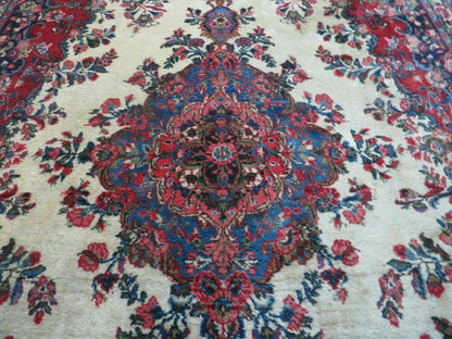 9x12 Persian Sarouk Rug - Semi Open Field Medallion Rug - Ivory Red Blue Hand Knotted Wool Oriental Carpet 9 x 12 Antique Rug - Vegetable Dyes - Nuvé