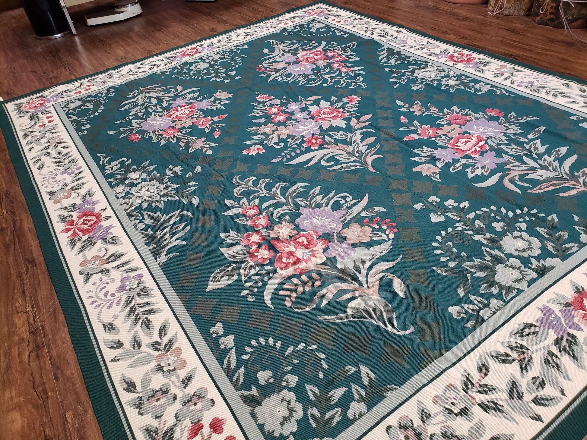 Chinese Needlepoint Rug 8x10, Vintage Green Area Rug, Hand-Woven Flatweave Floral European Design Carpet Wool Handmade 8x 10 Living Room Rug - Nuvé