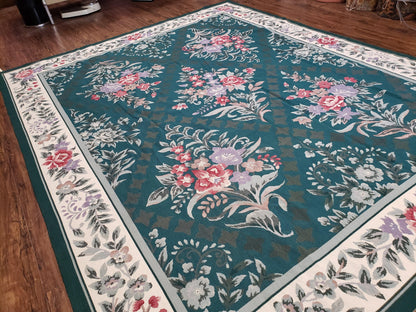 Chinese Needlepoint Rug 8x10, Vintage Green Area Rug, Hand-Woven Flatweave Floral European Design Carpet Wool Handmade 8x 10 Living Room Rug - Nuvé