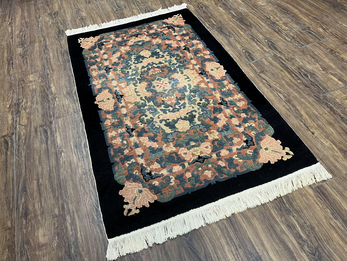 Chinese Art Deco Rug 3x5, Black and Beige Chinese Carpet 3 x 5, Vintage Rug, 1950s Rug, Floral Rug, Handmade Rug, Art Deco Rug, Wool Rug - Nuvé
