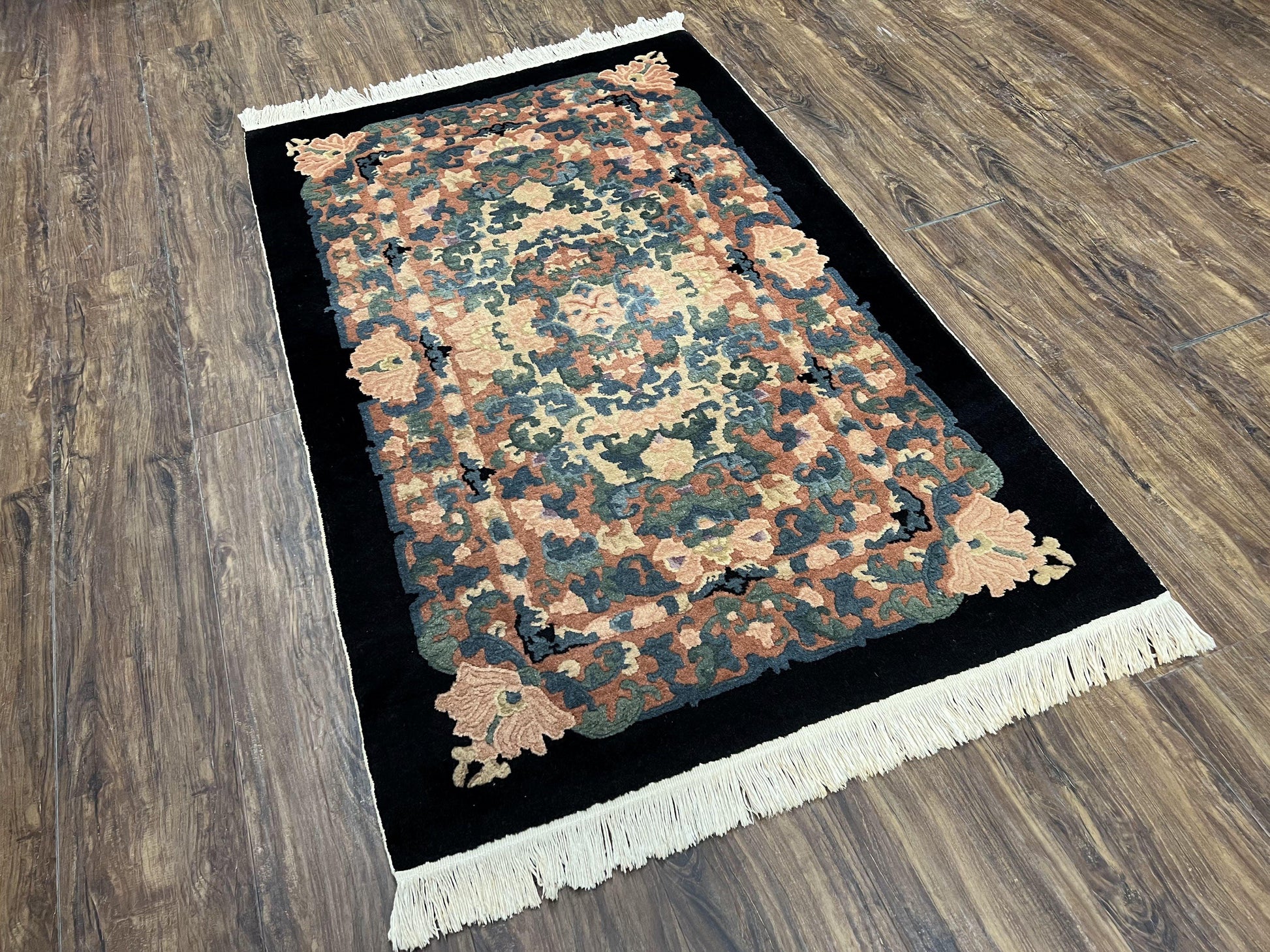 Chinese Art Deco Rug 3x5, Black and Beige Chinese Carpet 3 x 5, Vintage Rug, 1950s Rug, Floral Rug, Handmade Rug, Art Deco Rug, Wool Rug - Nuvé