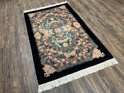 Chinese Art Deco Rug 3x5, Black and Beige Chinese Carpet 3 x 5, Vintage Rug, 1950s Rug, Floral Rug, Handmade Rug, Art Deco Rug, Wool Rug - Nuvé