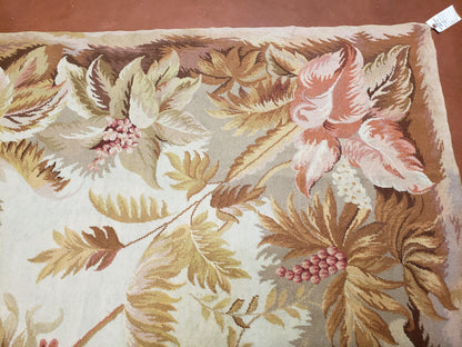 7' 7" x 9' 8" Needlepoint Rug Floral Beige Flat Weave Carpet 8x10 Handmade New Area Rug - Nuvé