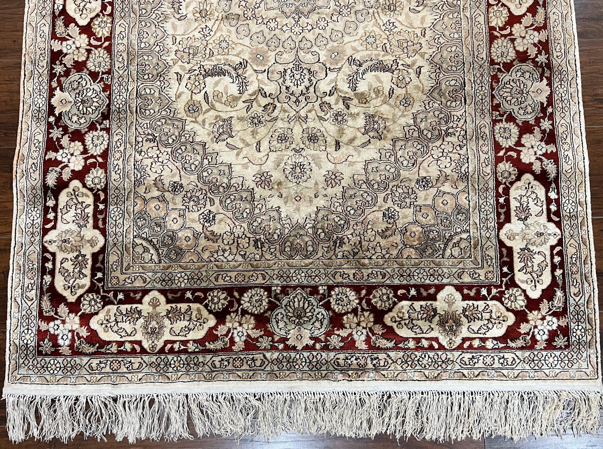 Silk Indian Kashmiri Rug 4x6 ft, Floral Medallion Hand Knotted Handmade Oriental Carpet, Vintage, Cream Burgundy, Very Fine Silk Rug 4 x 6 - Nuvé