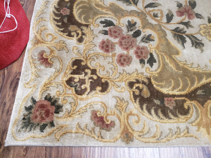 Aubusson Rug 10x14, Elegant French European Design, Vintage Handmade Carpet with Pile, Beige Floral Dining Room Rug, Living Room, Soft Wool - Nuvé
