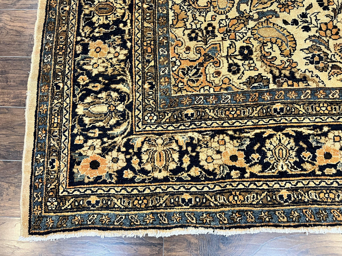 Antique Persian Rug 9x11, Wool Handmade 1920s Oriental Carpet, Persian Hamadan Anjelas Rug, Cream Black, Floral Allover Oriental Rug 9 x 11 Room Sized Rug - Nuvé