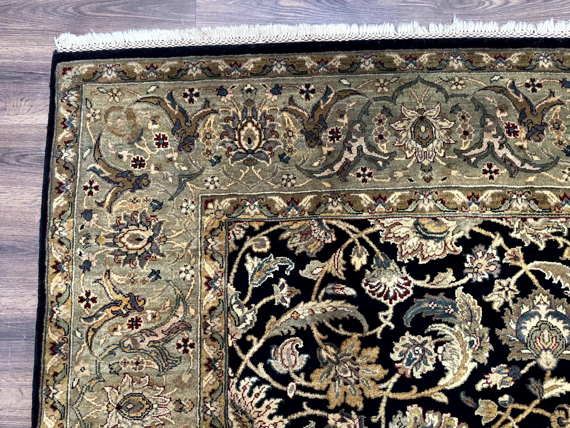 Indo Persian Rug 8x10, Black and Green, Wool, Handmade, Traditional, Floral Allover, Vintage - Nuvé
