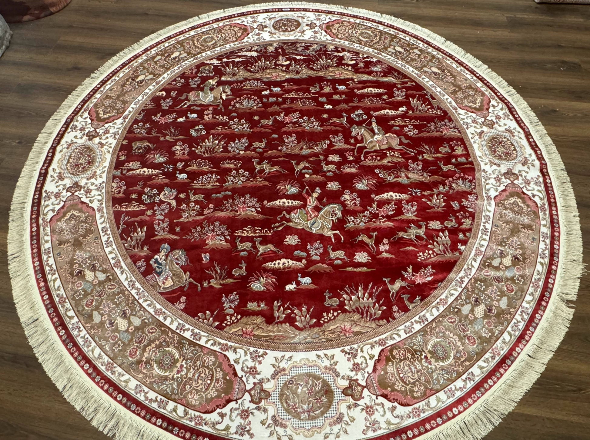 Large Round Turkish Silk Rug 8x8, Hunting Design, Dark Red & Ivory, Bamboo Silk - Nuvé