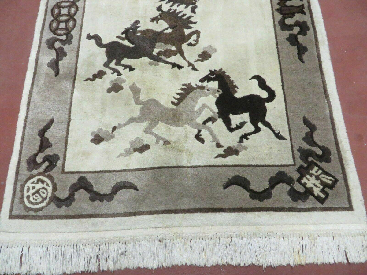 4' X 6' Modern Tibetan Nepal Art Deco Chinese Hand Knotted Wool Rug Horses Nice