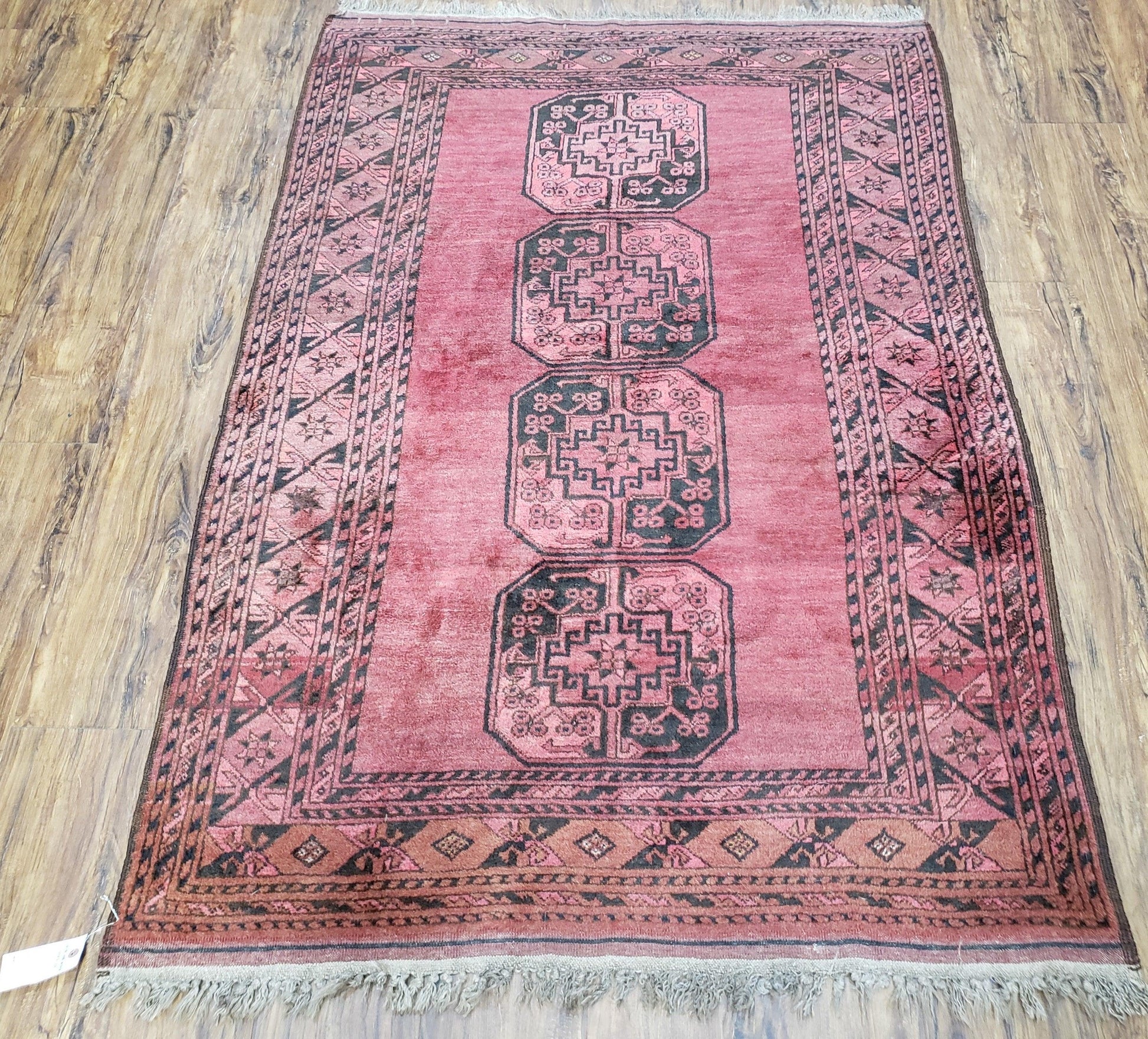 Antique Bukhara Area Rug, Vintage Afghan Bokhara Bashir Rug, 4x6 Hand-Knotted Oriental Carpet, Red & Black Wool Rug, 4' x 5'9 - Nuvé