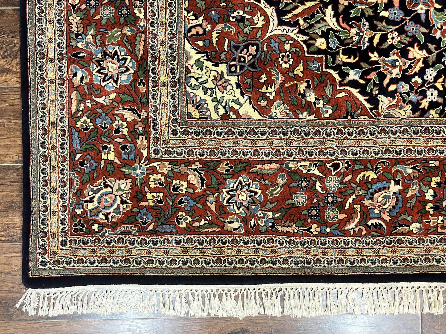Indo Persian Rug 8x10, Floral Medallion, Vintage Handmade Wool Carpet, Navy Blue and Red, Fine 300 KPSI - Nuvé
