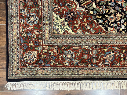 Indo Persian Rug 8x10, Floral Medallion, Vintage Handmade Wool Carpet, Navy Blue and Red, Fine 300 KPSI - Nuvé