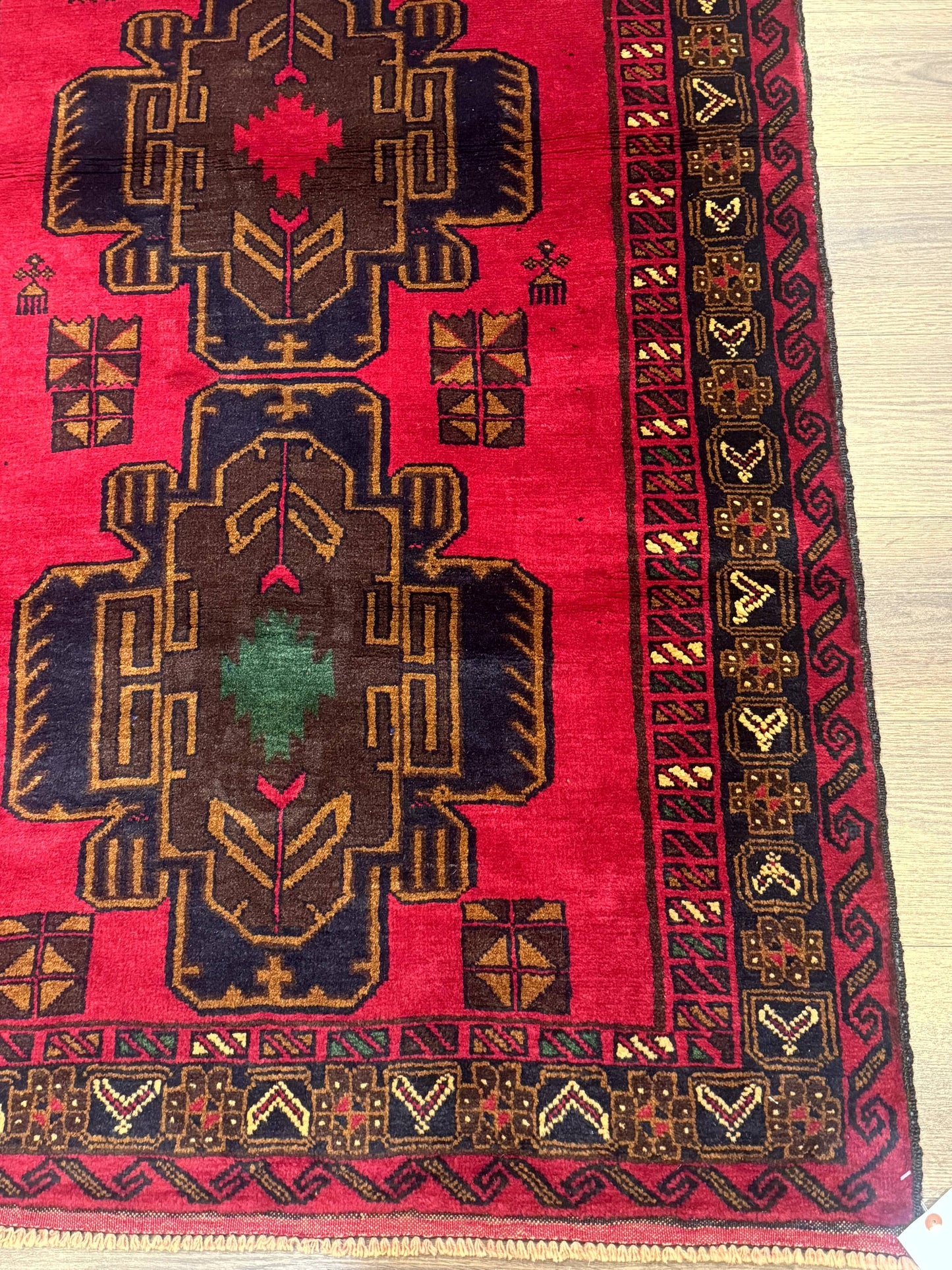 Red Afghan Balouch Rug 4x7, Triple Medallions, Handmade, New - Nuvé