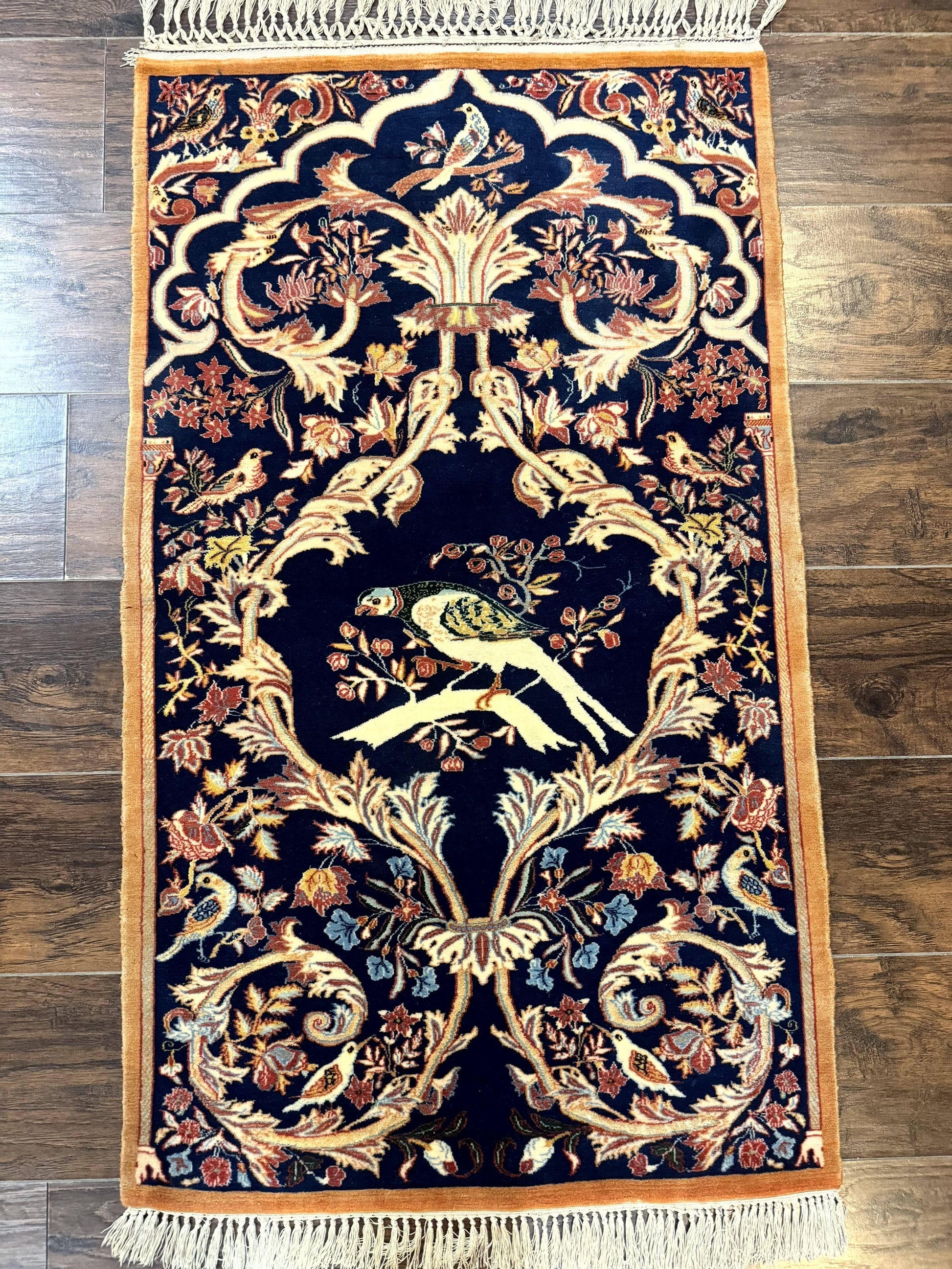 Persian Isfahan Rug 2x4, Birds, Navy Blue, Kork Wool on Silk Foundation, 460 KPSI - Nuvé