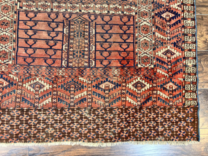 Antique Turkoman Rug 4x4, Hatchli Square Carpet, Wool Handmade Four Season Yamud Design Rug, Red Bohemian Tribal Rug, Engsi Tekkeh Rug