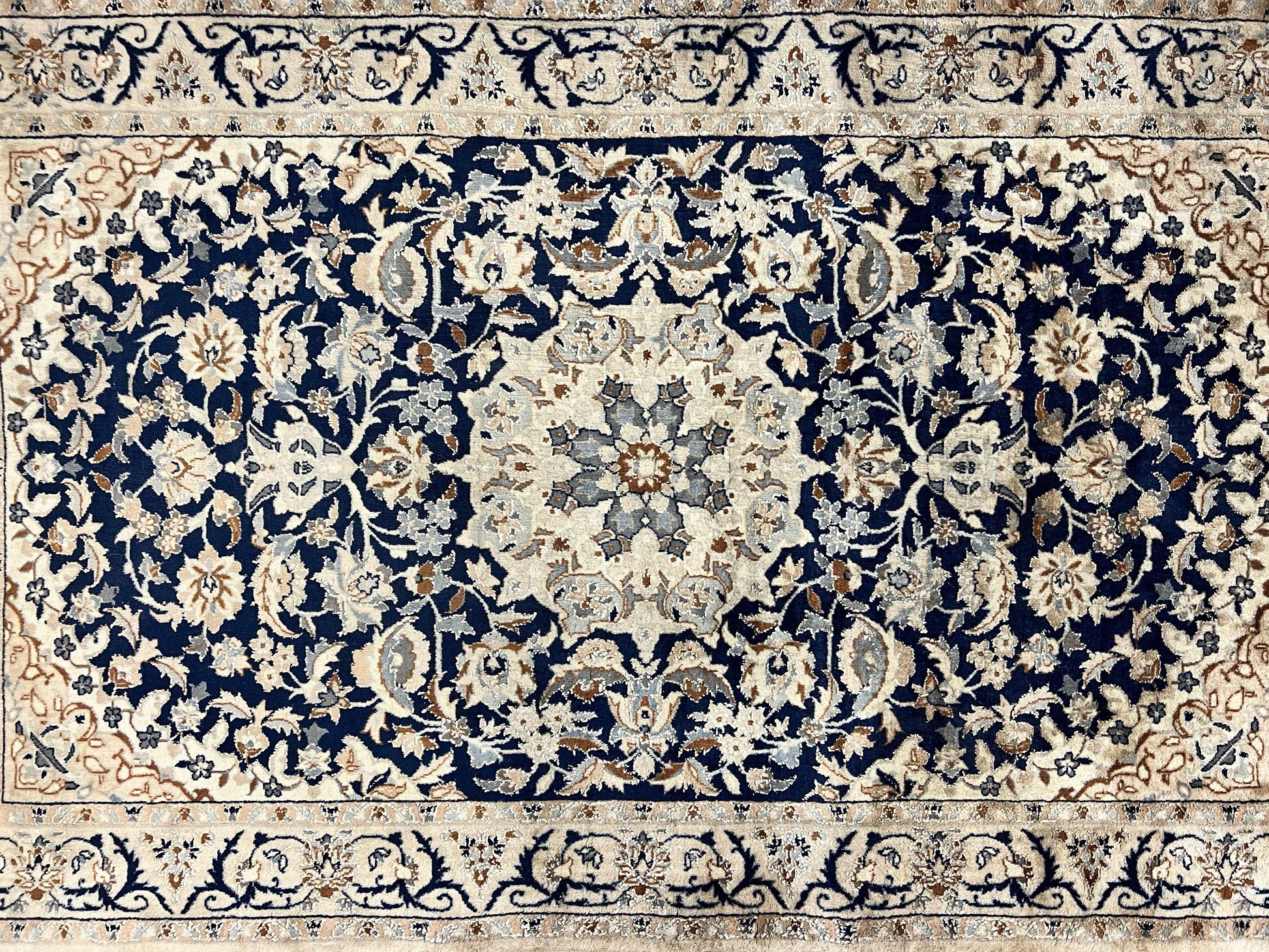 Persian Nain Rug 3x5, Floral Medallion Oriental Carpet, Very Fine Hand Knotted Handmade Wool and Silk Highlights Rug, Vintage Semi Antique - Nuvé